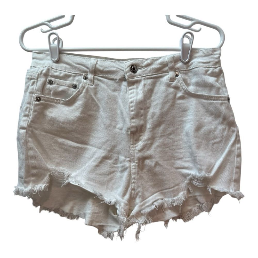LOVE‎ TREE DENIM White Frayed Hem High Rise Denim Shorts Size L